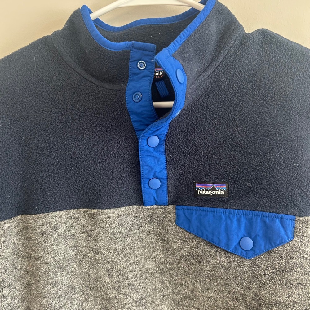 Patagonia Synchilla Fleece Snap T Pullover Kids coat XL 14 Blue Gray Color Block - Picture 2 of 7